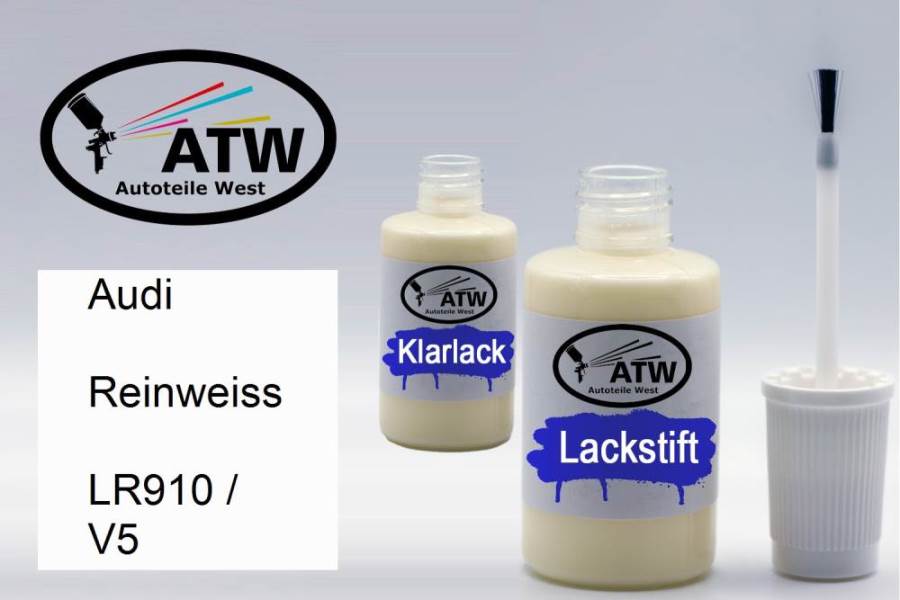 Audi, Reinweiss, LR910 / V5: 20ml Lackstift + 20ml Klarlack - Set, von ATW Autoteile West.